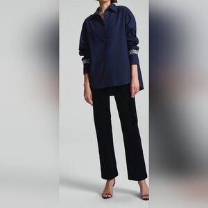 A.L.C. Calvin Navy Button-Front Blouse with Embellished Cuffs